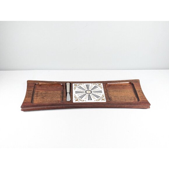 Vintage charcuterie board with inset tile, wooden cheese tray, decorative wooden - Picture 7 of 10